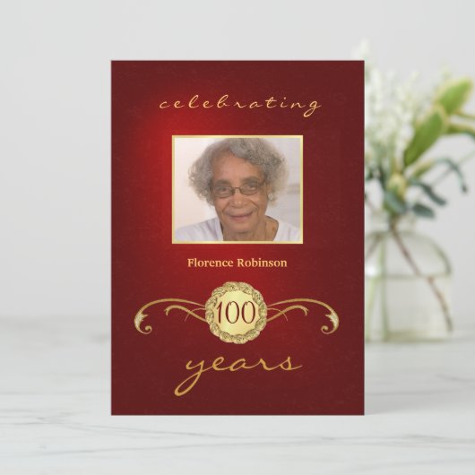 100e verjaardag Foto-uitnodigingen - Rood Kaart (Staand voorkant)