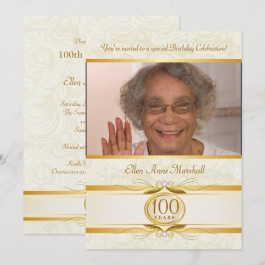 100e verjaardag - Fotouitnodiging voor ivoor Damas Kaart (Voorkant / Achterkant)