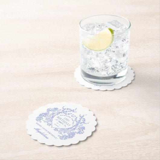 100e Verjaardag Franse Blauwe Bloemenkam Custom Kartonnen Onderzetters (Insitu)