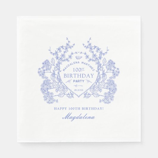 100e Verjaardag Franse Blauwe Bloemenkam Custom Servet (Voorkant)