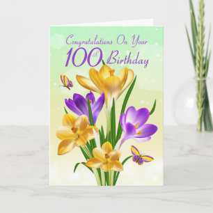 100e verjaardag Gele en Paarse krokus Kaart