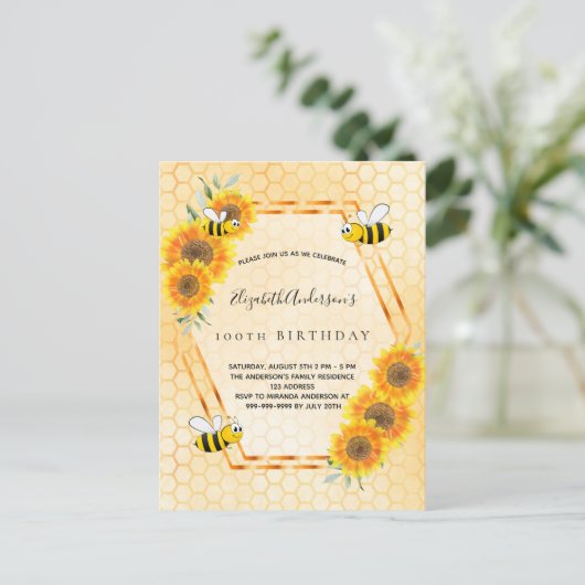 100e verjaardag gele rustige zonnebloemen uitnodig briefkaart (Staand voorkant)