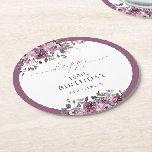 100e verjaardag gepersonaliseerde elegante Paarse  Ronde Kartonnen Onderzetter (Gebogen)