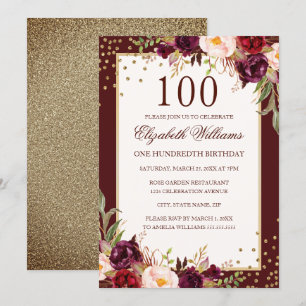 100e verjaardag Gold Burgundy Floral Uitnodiging