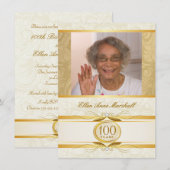100e verjaardag - Gold Damask foto-uitnodiging Kaart (Voorkant / Achterkant)