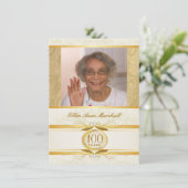 100e verjaardag - Gold Damask foto-uitnodiging Kaart (Staand voorkant)