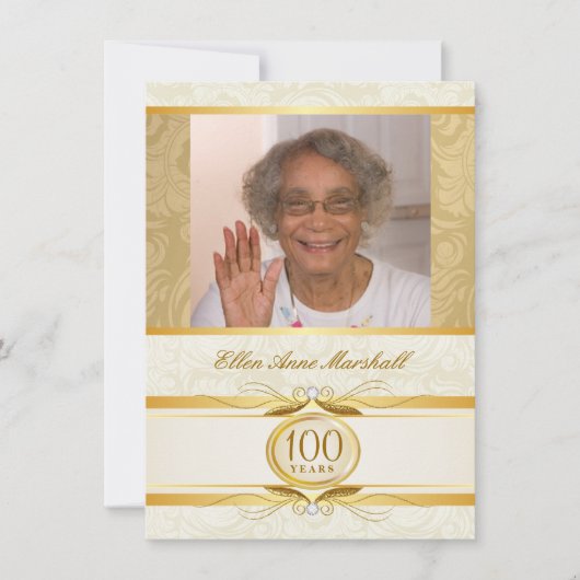 100e verjaardag - Gold Damask foto-uitnodiging Kaart (Voorkant)