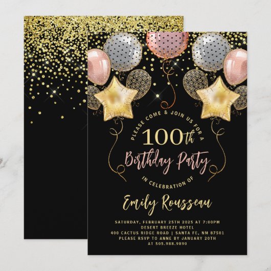 100e verjaardag Gold Glitter Balloons Black Kaart (Voorkant / Achterkant)
