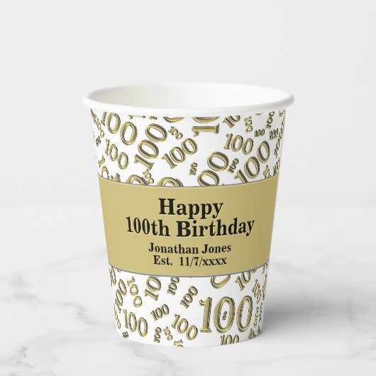 100e verjaardag Gold/White Random Number Pattern Papieren Bekers (Achterkant)