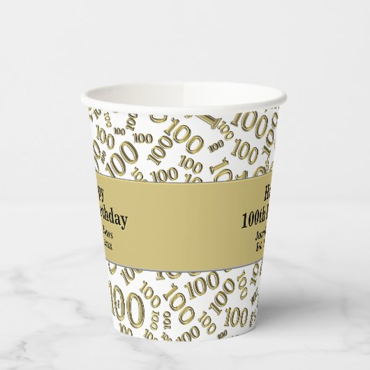 100e verjaardag Gold/White Random Number Pattern Papieren Bekers (Links)