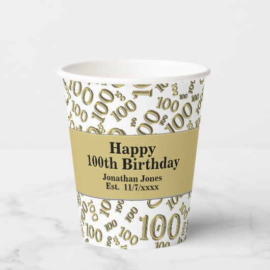 100e verjaardag Gold/White Random Number Pattern Papieren Bekers (Voorkant)