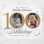 100e verjaardag Goud Wit Kalligrafie Aangepaste Fo Sparkling Wijnetiket (Enkel label)