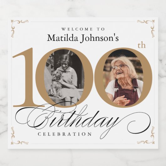 100e verjaardag Goud Wit Kalligrafie Aangepaste Fo Sparkling Wijnetiket (Enkel label)