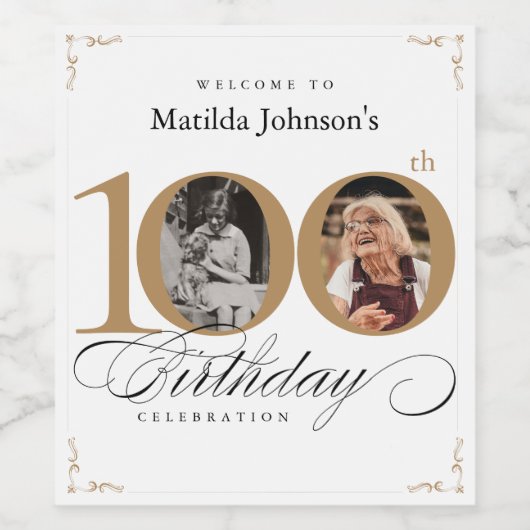 100e verjaardag Goud Wit Kalligrafie Aangepaste Fo Wijn Etiket (Enkel label)