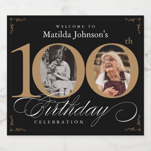 100e verjaardag Goud Zwart Kalligrafie Aangepaste  Sparkling Wijnetiket (Enkel label)