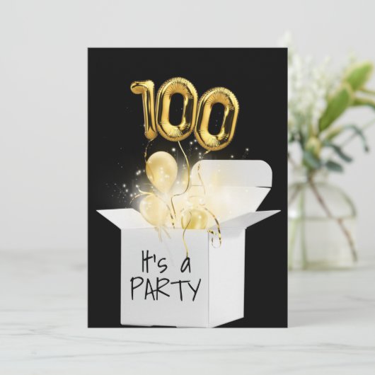 100e verjaardag goudballonnen in witte doos kaart (Staand voorkant)