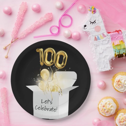 100e verjaardag goudballonnen in witte doos papieren bordje (Feest)