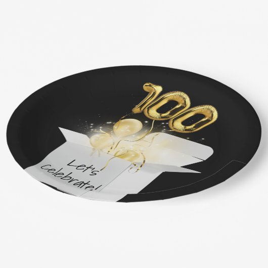 100e verjaardag goudballonnen in witte doos papieren bordje (Gekanteld)