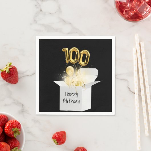 100e verjaardag goudballonnen in witte doos servet (Insitu)