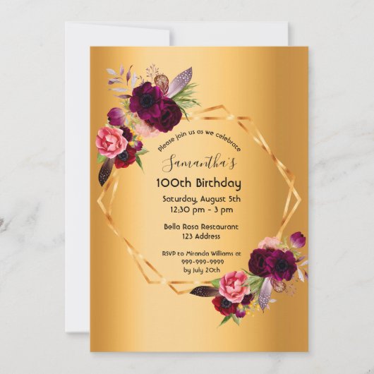 100e verjaardag goudvuurbloemen geometrisch kaart (Voorkant)