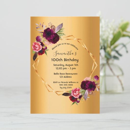 100e verjaardag goudvuurbloemen geometrisch kaart (Staand voorkant)