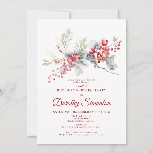 100e verjaardag groen rode bessen verrassingsfeest kaart (Voorkant)