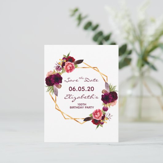 100e verjaardag gumbowade bloemwit Save the Date Briefkaart (Staand voorkant)
