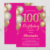 100e verjaardag Hot Pink en Gold Balloons Confetti Kaart (Voorkant / Achterkant)
