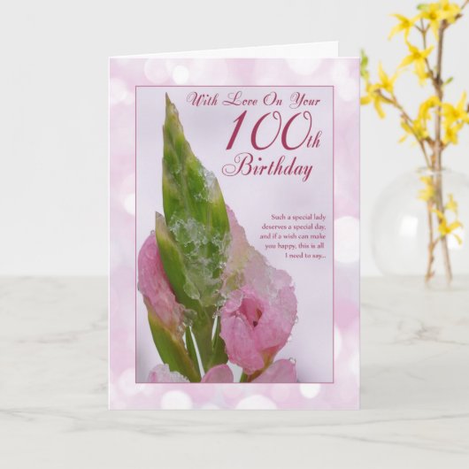 100e verjaardag Kaart met roze bloesem en ijs (Gele Bloem)