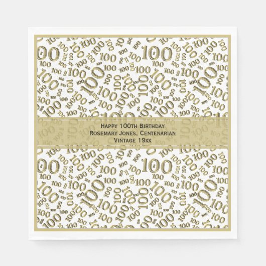 100e Verjaardag Koel Nummer Patroon Goud/Wit Servet (Voorkant)