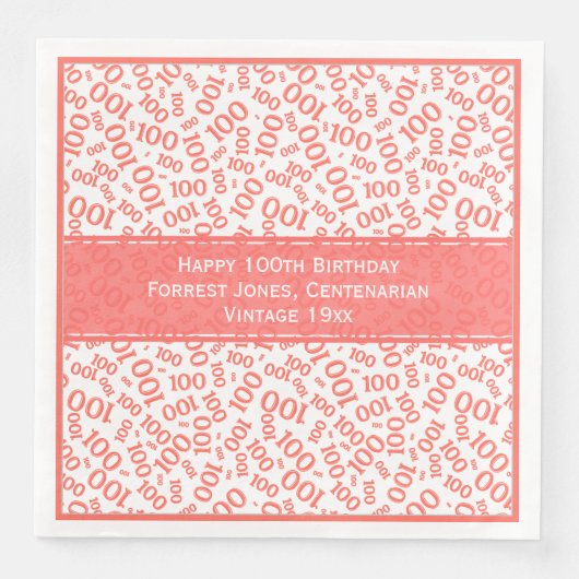 100e Verjaardag Koel Nummer Patroon Koraal/Wit Servet (Voorkant)