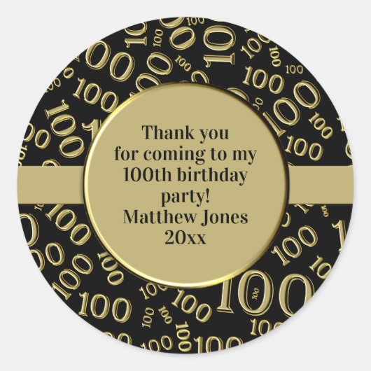 100e verjaardag Leeftijd Nummer Patroon Zwart/Goud Ronde Sticker (Voorkant)