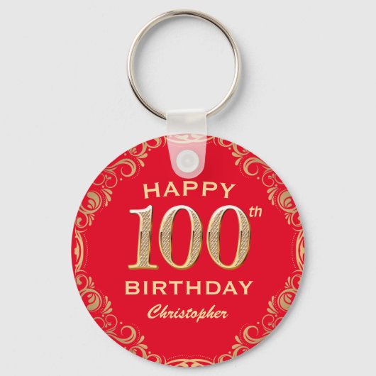 100e verjaardag Lijst van Red en Gold Glitter Sleutelhanger (Voorkant)