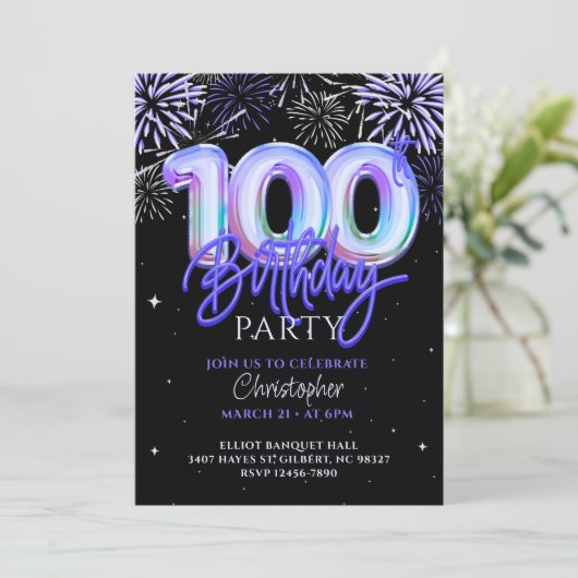 100e verjaardag Mannen Blauwe Vuurwerk Folie Ballo Kaart (Staand voorkant)