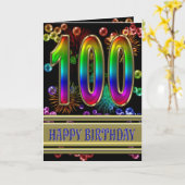 100e verjaardag met regenboogbubbels en vuurwerk kaart (Gele Bloem)