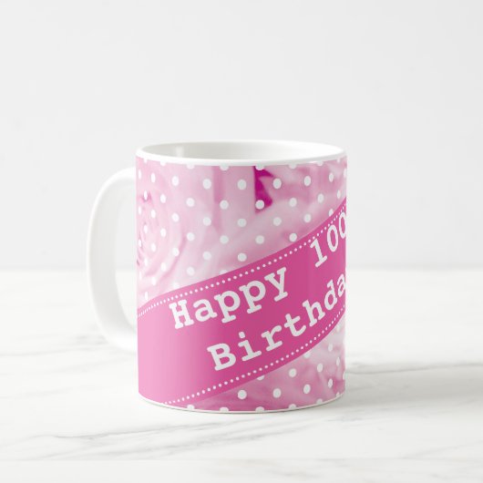100e verjaardag mok met roze roze bloemen (Voorkant links)