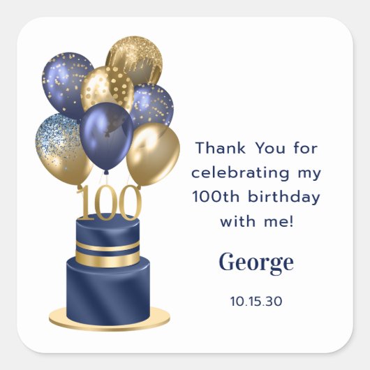 100e verjaardag Navy Blauwe Ballon Cake Bedankt Vierkante Sticker (Voorkant)