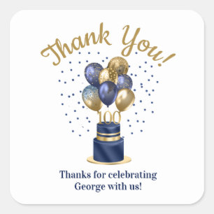 100e verjaardag Navy Blauwe Ballon Cake Bedankt Vierkante Sticker