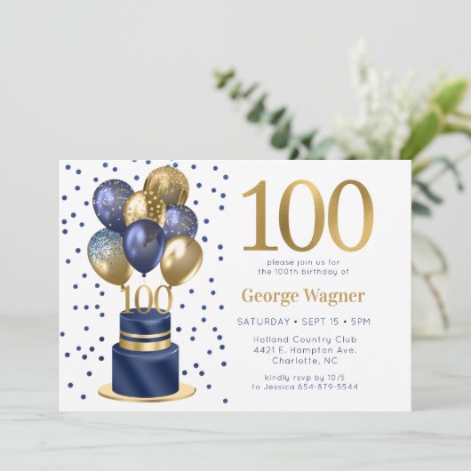 100e verjaardag Navy Blue Balloon Cake Kaart (Staand voorkant)