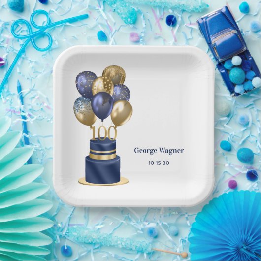 100e verjaardag Navy Blue Balloon Cake Papieren Bordje (Feest)