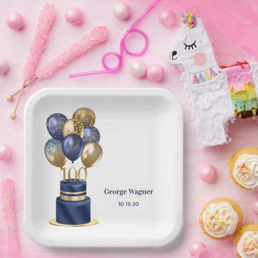 100e verjaardag Navy Blue Balloon Cake Papieren Bordje (Feest)