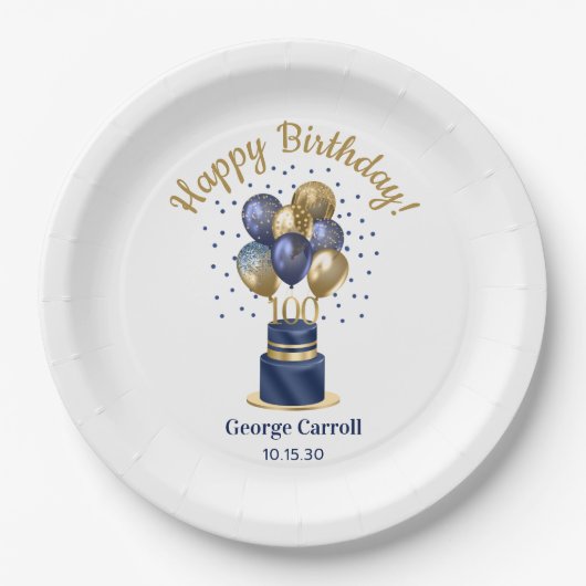 100e verjaardag Navy Blue Balloon Cake Papieren Bordje (Voorkant)