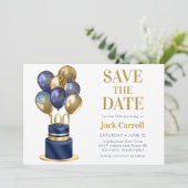 100e verjaardag Navy Blue Balloon Cake Save The Date (Staand voorkant)