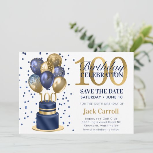 100e verjaardag Navy Blue Balloon Cake Save The Date (Staand voorkant)