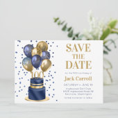 100e verjaardag Navy Blue Balloon Cake Save The Date (Staand voorkant)