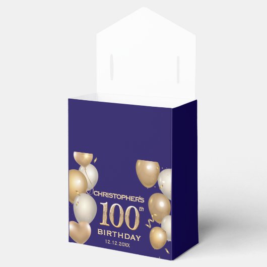 100e verjaardag Navy Blue en Gold Balloons Bedankdoosjes (Geopend)