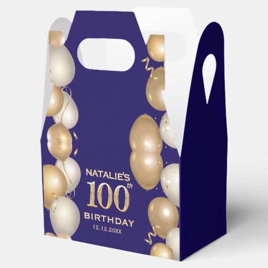 100e verjaardag Navy Blue en Gold Balloons Bedankdoosjes (Geopend)