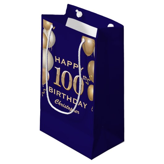 100e verjaardag Navy Blue en Gold Balloons Klein Cadeauzakje (Voorkant Gekanteld)