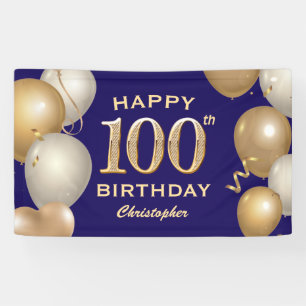 100e verjaardag Navy Blue en Gold Balloons Spandoek