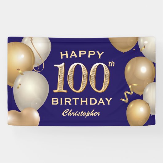 100e verjaardag Navy Blue en Gold Balloons Spandoek (Horizontaal)